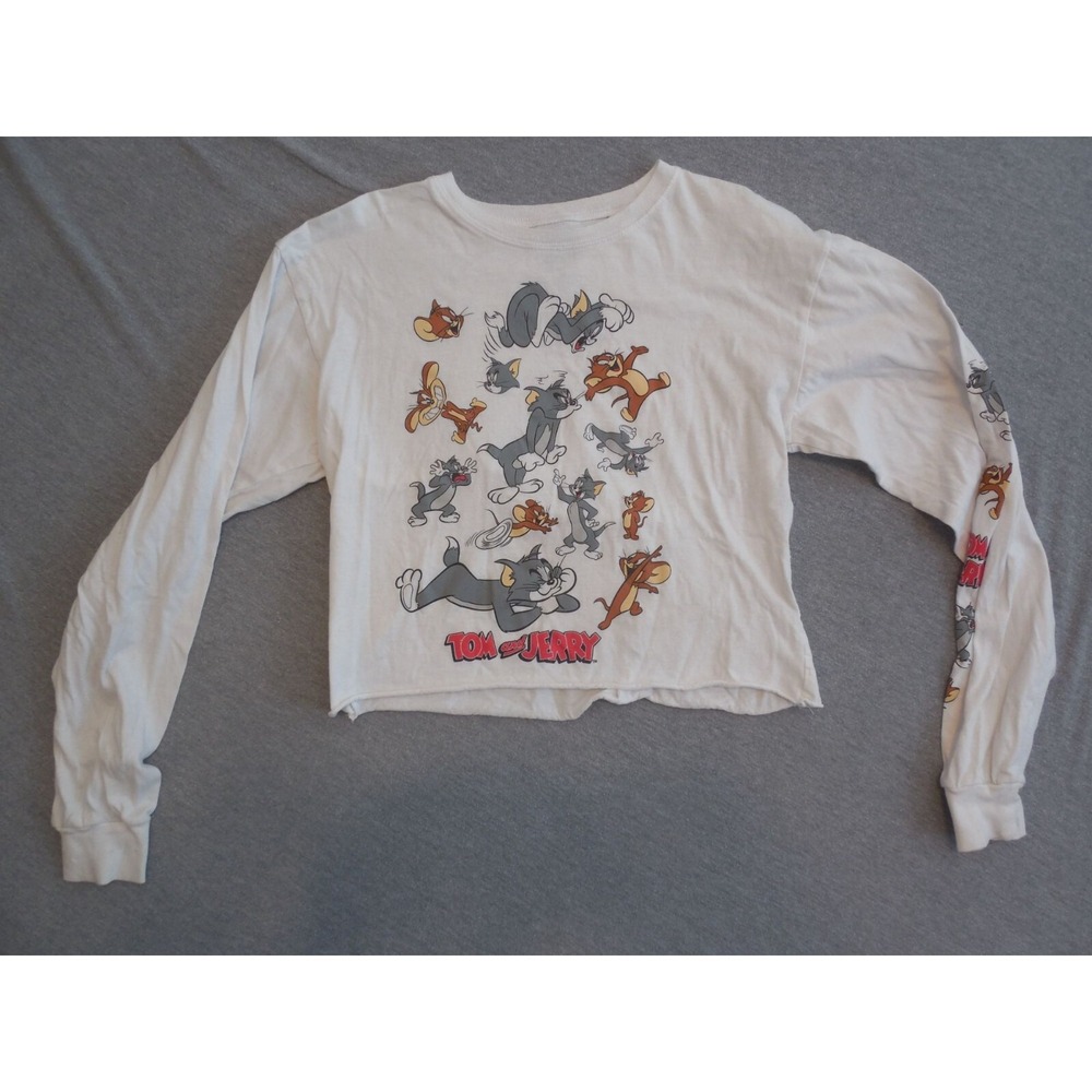Tom And Jerry Womens Medium Crop Top White Long Sleeve Graphic Cartoon Y2K Shirt